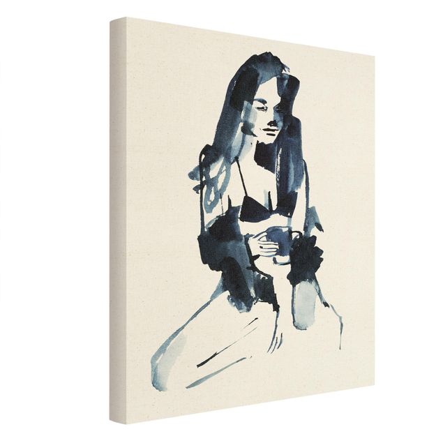 Obrazy na ścianę Kobieta w niebieskim tuszu z kawą