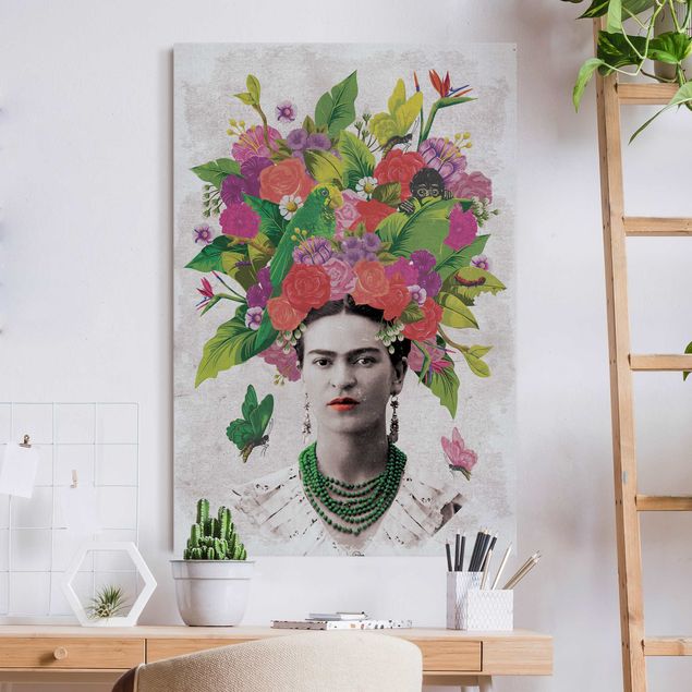 Nowoczesne obrazy do salonu Frida Kahlo - Portret z kwiatami