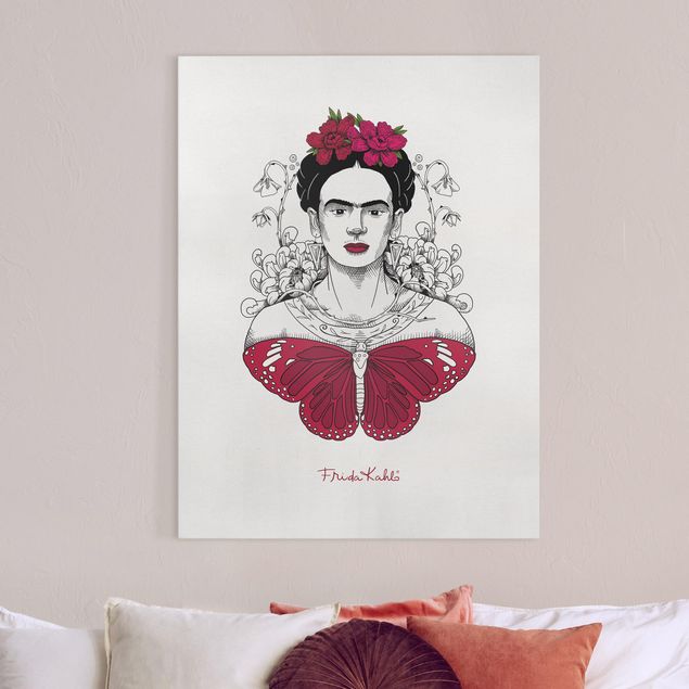 Obrazy do salonu nowoczesne Frida Kahlo Portrait With Flowers And Butterflies