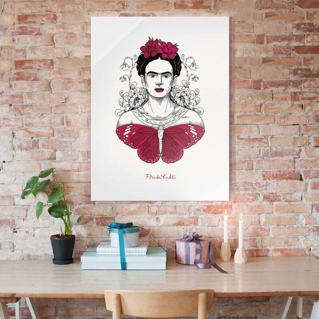 Obrazy na szkle portret Frida Kahlo Portrait With Flowers And Butterflies