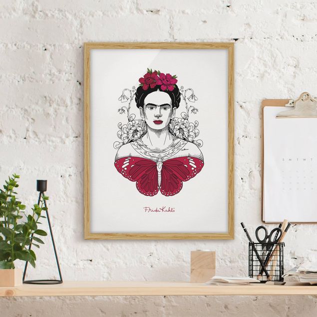 Obrazy w ramie artystyczny Frida Kahlo Portrait With Flowers And Butterflies
