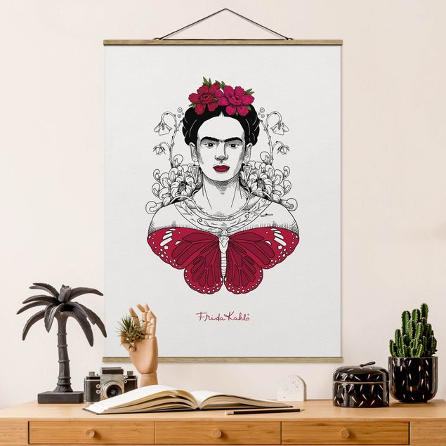 Nowoczesne obrazy do salonu Frida Kahlo Portrait With Flowers And Butterflies