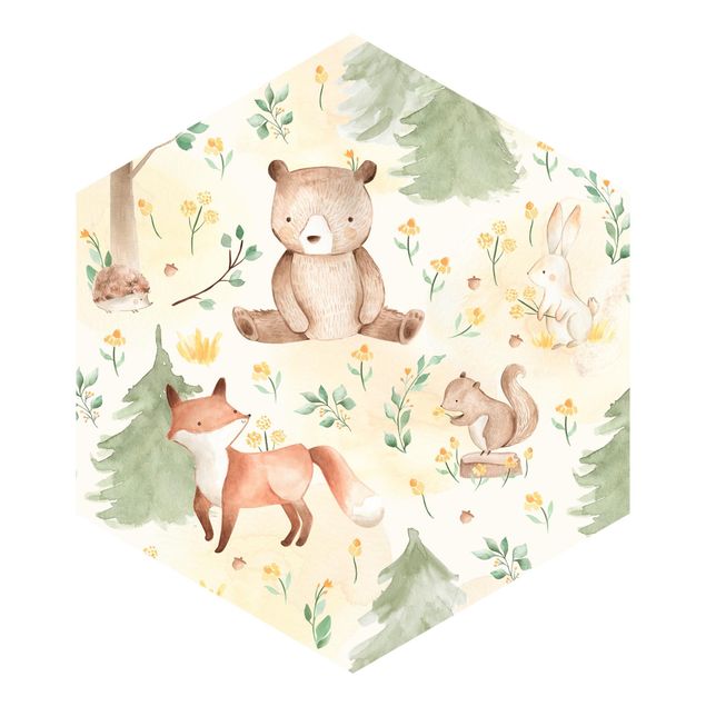 Sześciokątna tapeta samoprzylepna - Lis i niedźwiedź z kwiatami i drzewami