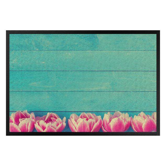 Domowe tekstylia Różowe tulipany na turkusie