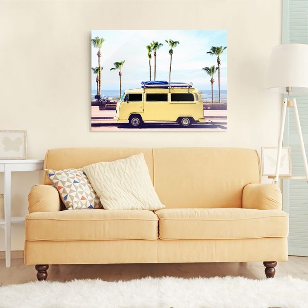 Obrazy na szkle plaża Yellow Surfer VW Bus