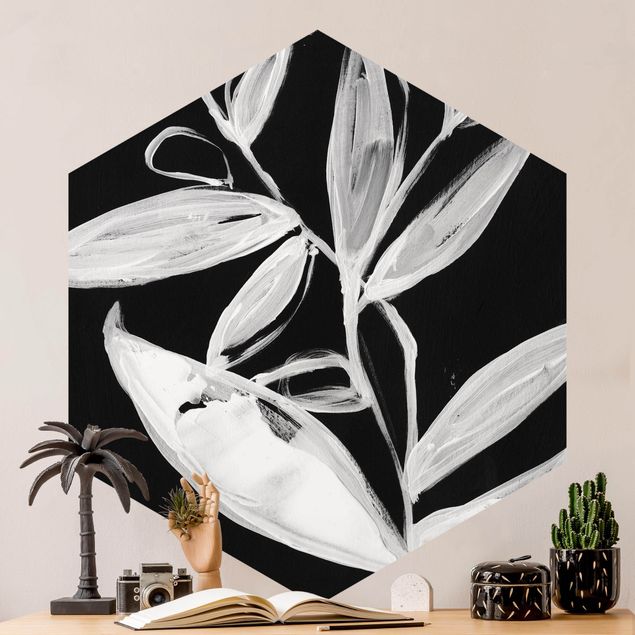 Tapeta w kwiaty Malowane liście na czarnym tle