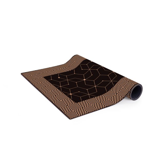 nowoczesny dywan Geometryczne płytki linie przerywane czarne z obramowaniem