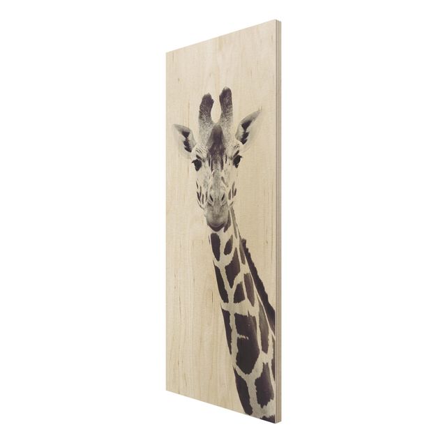 Obrazy z drewna Portret żyrafy w czerni i bieli