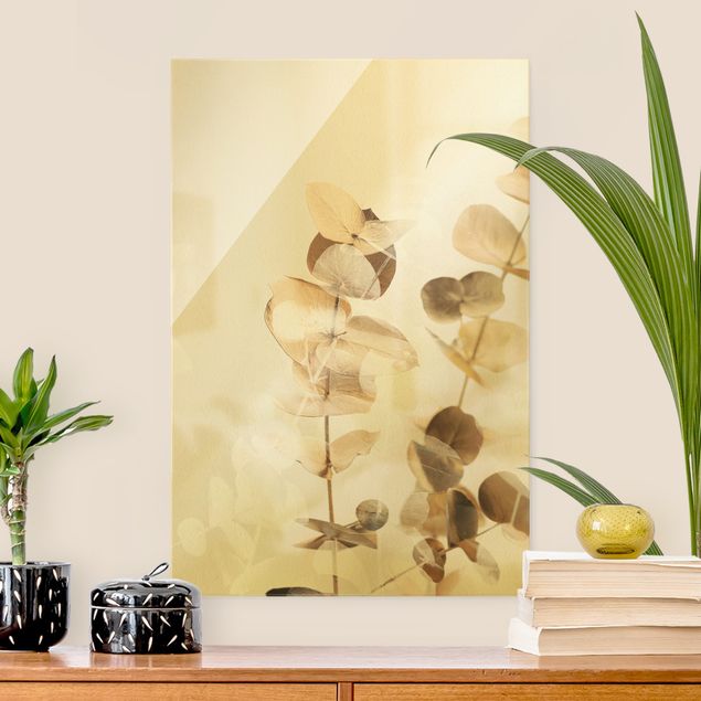 Obrazy na szkle portret Złote gałązki eukaliptusa z białym II