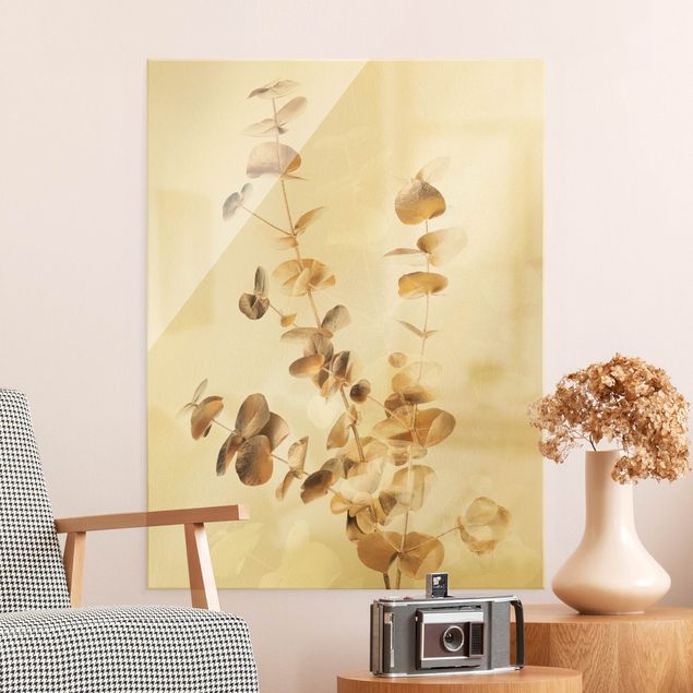Obraz na szkle - Złote gałązki eukaliptusa z białymi liśćmi