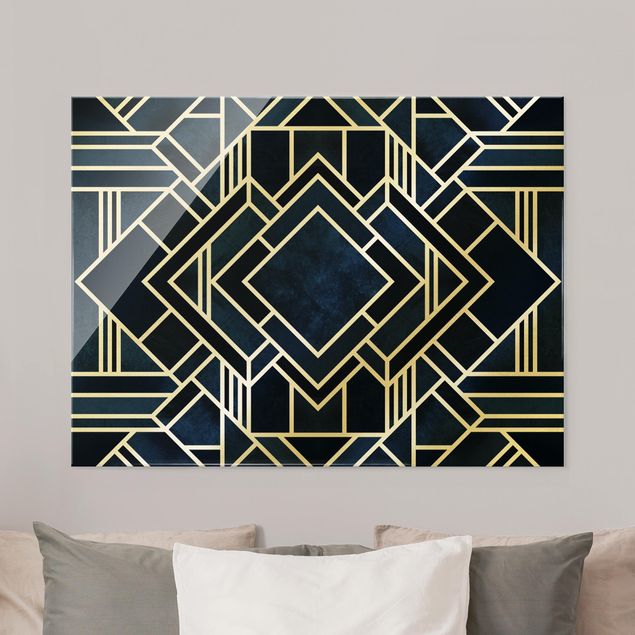 Obraz na szkle - Złotoen Geometry - Art Deco Niebieski