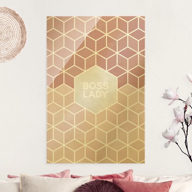 Obraz na szkle - Złotoen Geometry - Boss Lady Hexagons Pink