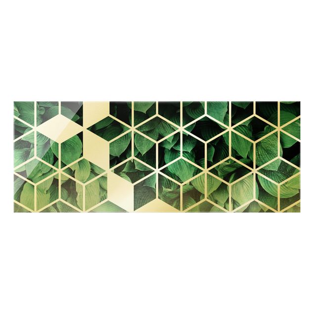 Obraz na szkle - Złotoen Geometry - Zielone liście