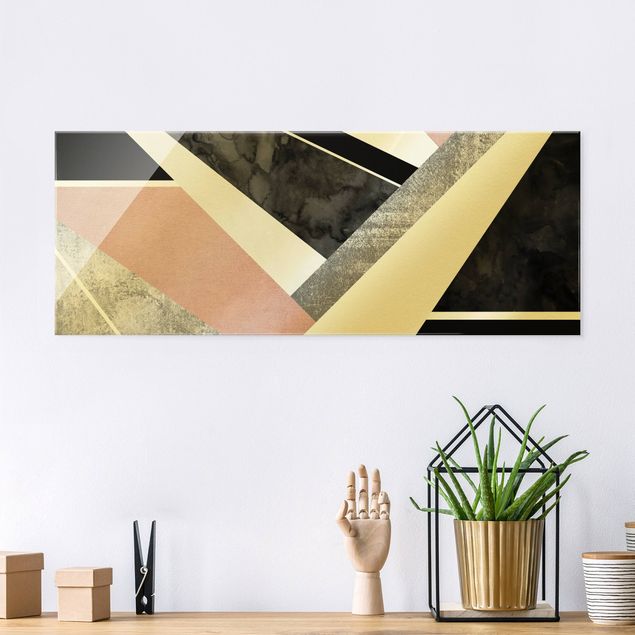 Obrazy na szkle panorama Złotoen Geometry - różowo-czarny