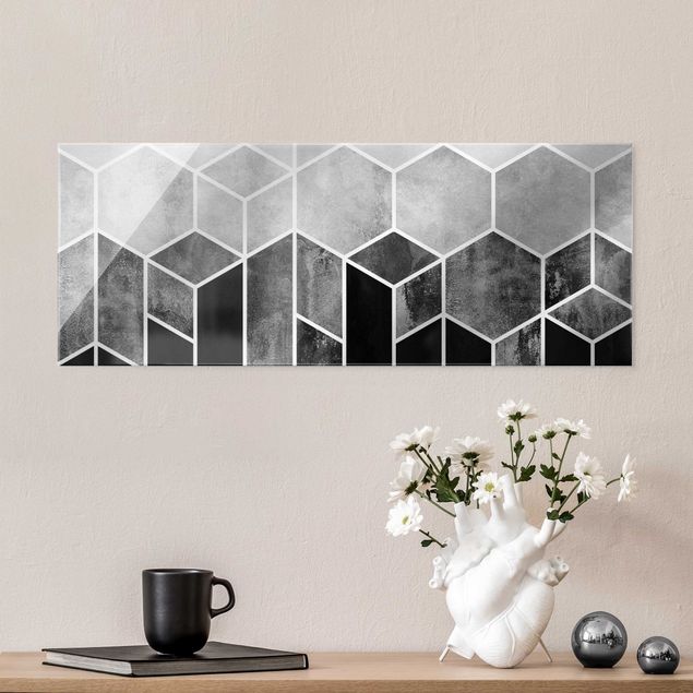 Obrazy na szkle panorama Złotoen Geometry - Hexagons czarno-biały