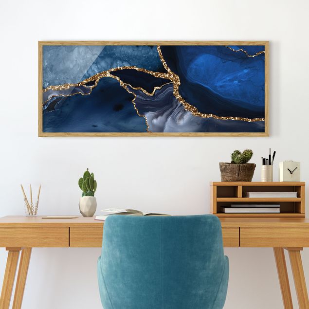 Obrazy w ramie artystyczny Złote fale brokatu na tle błękitu