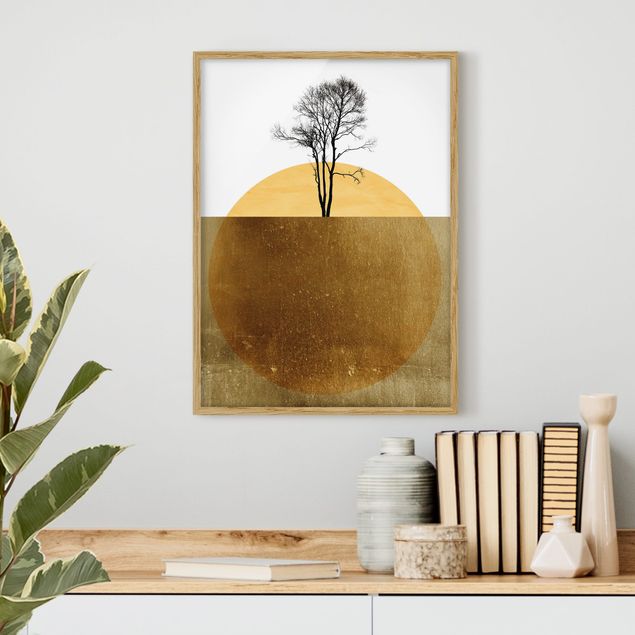 Obrazy w ramie krajobraz Złote słońce z drzewem