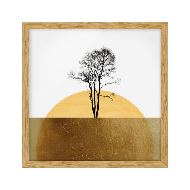 Obrazy w ramie do łazienki Złote słońce z drzewem