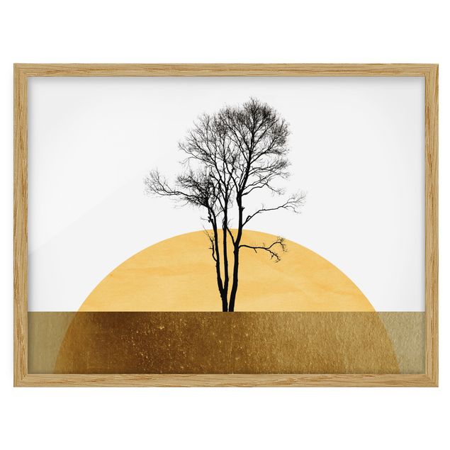 Obrazy w ramie do łazienki Złote słońce z drzewem