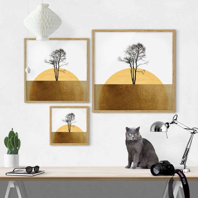 Obrazy w ramie do kuchni Złote słońce z drzewem