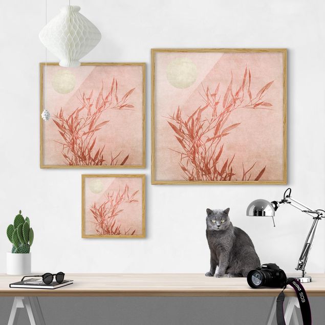 Obrazy w ramie do kuchni Złote słońce z różowym bambusem