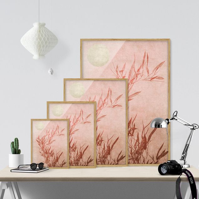 Obrazy w ramie do kuchni Złote słońce z różowym bambusem
