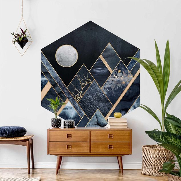 Tapety czarne Złoty księżyc abstrakcyjne czarne góry