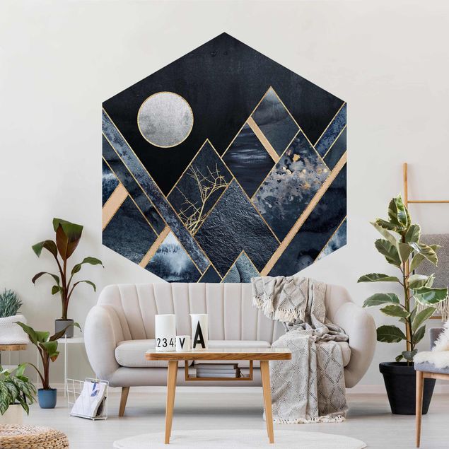 Tapety wzory Złoty księżyc abstrakcyjne czarne góry