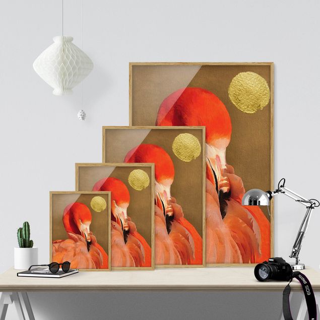 Obrazy w ramie zwierzęta Złoty księżyc z flamingiem