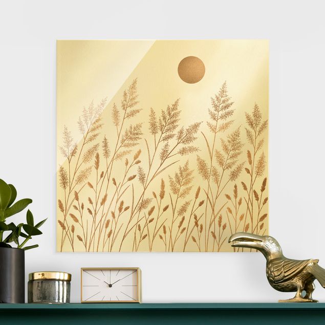 Obrazy na szkle kwadrat Trawa i księżyc w złocie