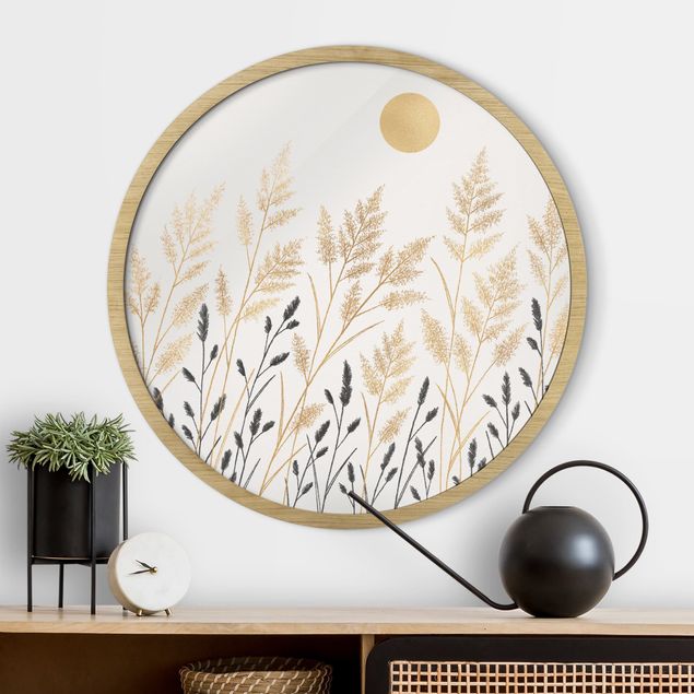 Obrazy w ramie artystyczny Grasses And Moon In Gold And Black