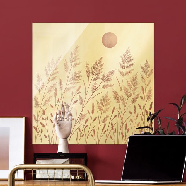 Obrazy nowoczesne Trawa i księżyc w kolorze miedzianego złota