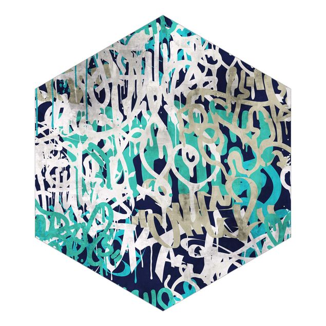 Fototapeta samoprzylepna heksagon - Graffiti Art Tagged Wall Turquoise