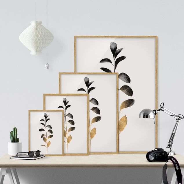 Obrazy w ramie do kuchni Graficzny świat roślin - złoto i szarość