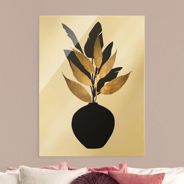 Obrazy na szkle portret Graficzny świat roślin - złoto i czerń