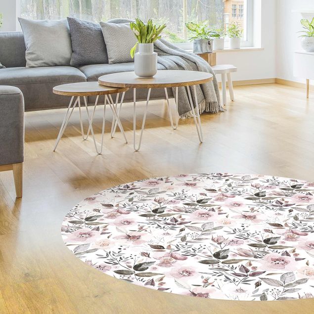 nowoczesny dywan Szare liście z akwarelowymi kwiatami