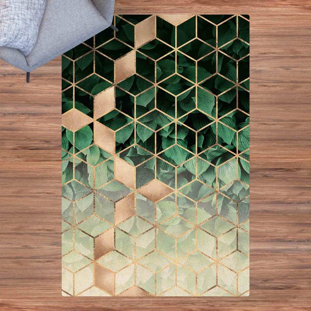 dywan nowoczesny Zielone liście złota geometria
