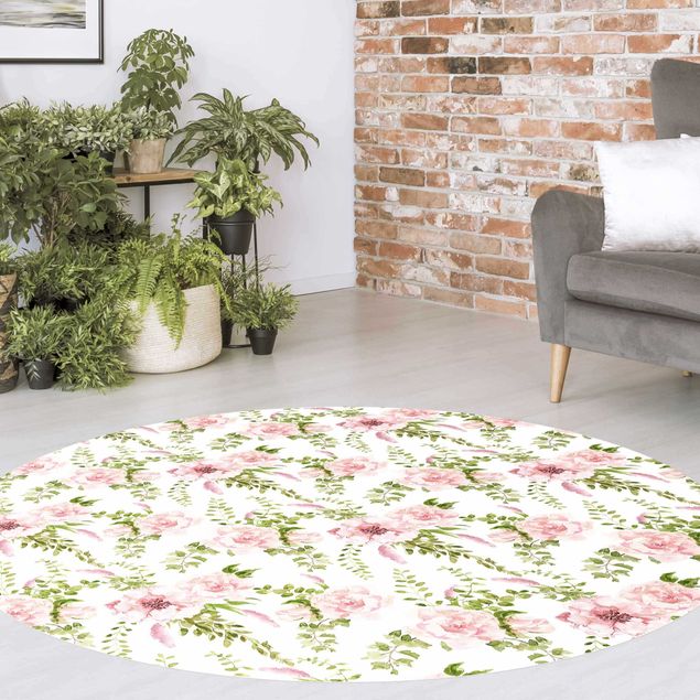 dywany nowoczesne Zielone liście z różowymi kwiatami w akwareli