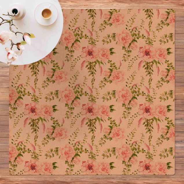nowoczesny dywan Zielone liście z różowymi kwiatami w akwareli