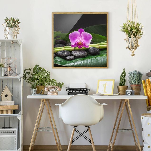 Obrazy w ramie do łazienki Zielony bambus z kwiatem orchidei