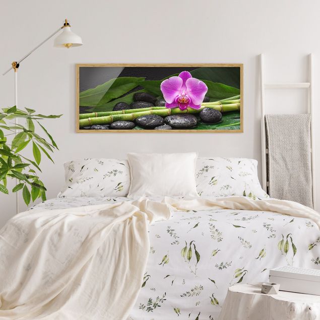 Obrazy w ramie do łazienki Zielony bambus z kwiatem orchidei