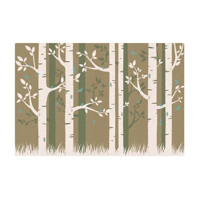 Mata korkowa - Zielony las brzozowy z motylami i ptakami