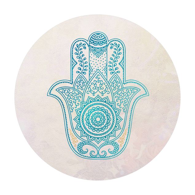 okrągły dywanik Hamsa Ręczna ilustracja Mandala złoty niebieski