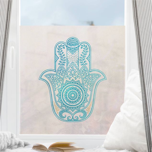 Folia okienna do sypialni Ręka Hamsa ilustracja mandala złoty niebieski