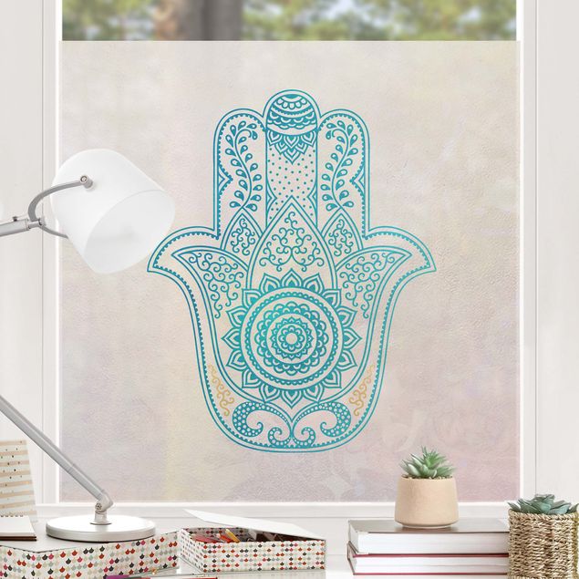 Folia okienna do salonu Ręka Hamsa ilustracja mandala złoty niebieski