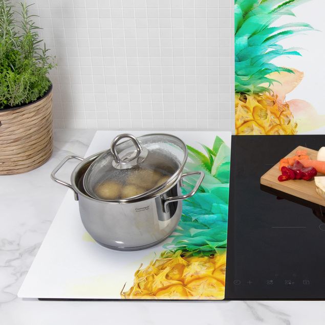 Szklana płyta ochronna na kuchenkę 2-częściowa - Akwarela ananasowa