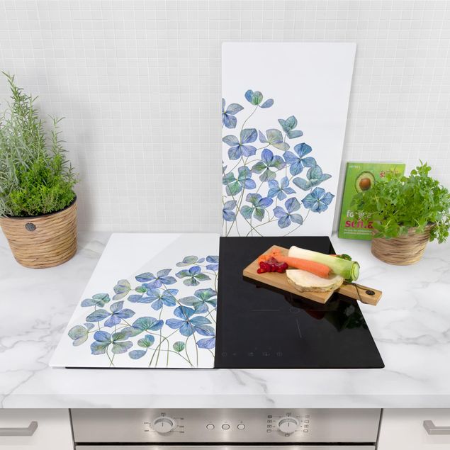 Szklana płyta ochronna na kuchenkę 2-częściowa - Błękitne kwiaty hortensji