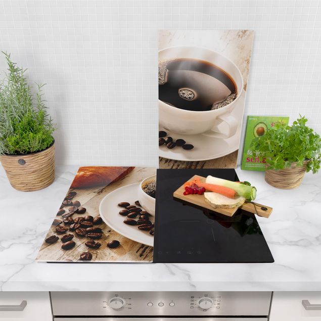 Szklana płyta ochronna na kuchenkę 2-częściowa - Parująca filiżanka do kawy z ziarnami kawy