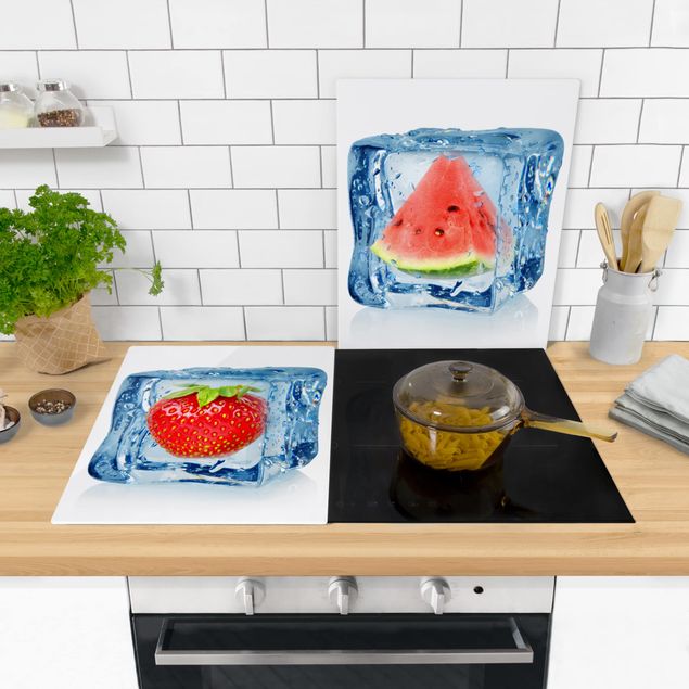 Szklana płyta ochronna na kuchenkę 2-częściowa - Truskawka i melon w kostce lodu