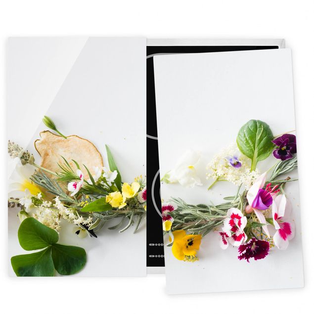 Szklana płyta ochronna na kuchenkę 2-częściowa - Świeże zioła z jadalnymi kwiatami